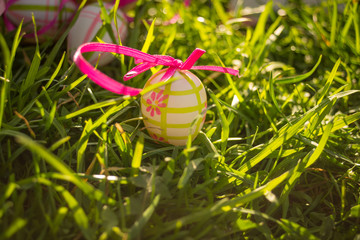 Colorful Easter eggs and beautiful flowers on green grass