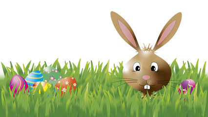 Freche Osterkarte mit Hase und bemalten Eiern