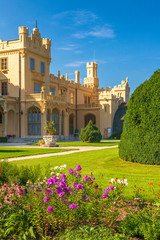 Fototapeta na wymiar View of Lednice castle with a beautiful garden at sunny day, Czech Republic, Europe.