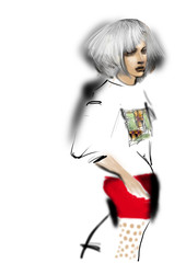 woman in a white shirt and a red mini skirt, fashion illustration over a white background