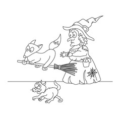Sly fox stole a broom from the witch. Funny coloring. Vector illustration