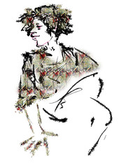 woman with curly hair sitting, raster illustration over a white background