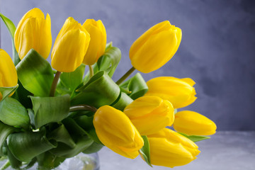 A bouquet of yellow tulip flowers in glass vase on gray background. A gift to a woman's day. Copy space.