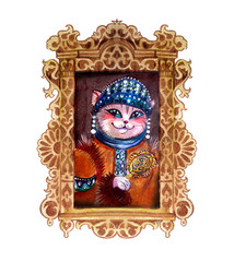 cat in Russian suit, looks out the window, a fabulous illustration