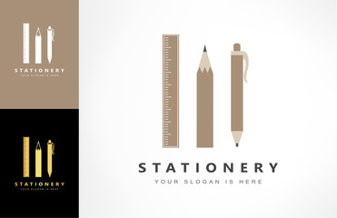 stationery logo vector. ruler, pencil and pen symbol.