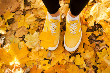 legs of a girl in yellow sneakers in autumn foliage