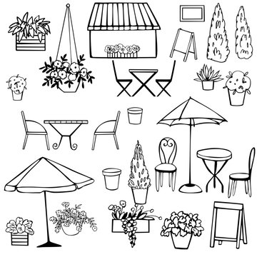 Street Cafe set. Umbrellas. Plants. Vector sketch  illustration.