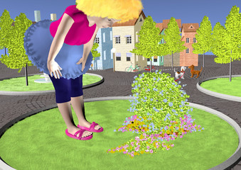 girl looking at the flower bush in the park, colorful houses, green nature, blue sky, 3D illustration