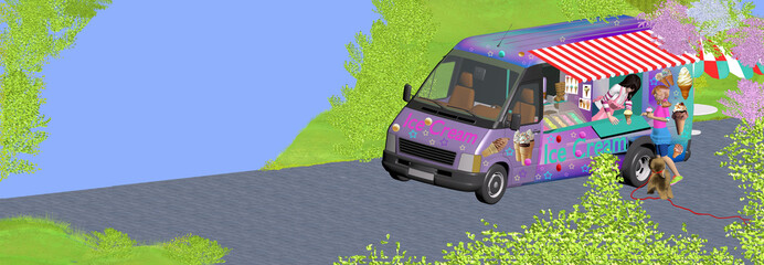 Ice cream truck in the park, children bying ice, green nature, fun, 3D illustration