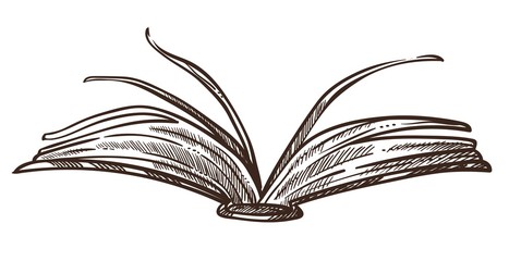Open Book with pages and paper monochrome sketch