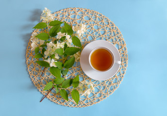 Cup of green tea and jasmine flowers on blue background.