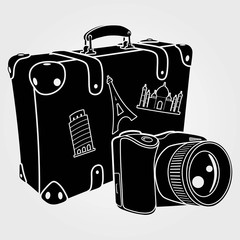 Photo camera with retro suitcase isolated on white background. Vector illustration