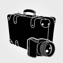 Photo camera with retro suitcase isolated on white background. Vector illustration