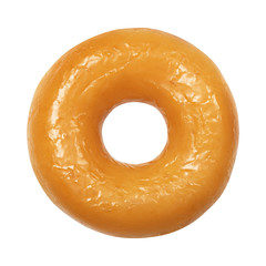 Donut with glazed isolated on white background. One round glossy yellow glaze doughnut. Front View....