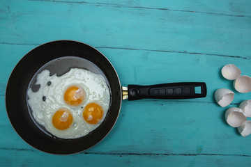 fried eggs on a wooden table