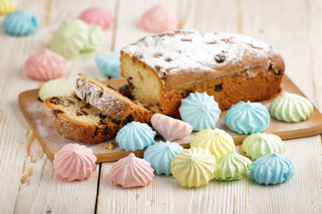 Delicious homemade cake with raisins on a light wooden background. close-up. rustic. copy space.
