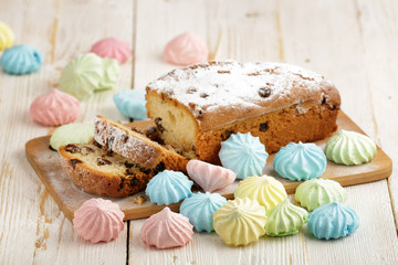 Delicious homemade cake with raisins on a light wooden background. close-up. rustic. copy space.