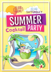 Disco summer cocktail party poster. Paper cut out art style design
