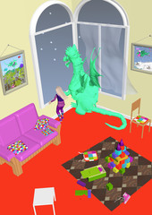 a dragon and a little girl looking out of the window of a children room, 3D illustration, raster illustration