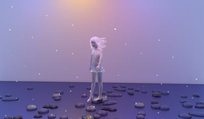 girl with white hair dream walking over flat stones on a calm blue sea, stars are all over the picture, 3D illustration, raster illustration