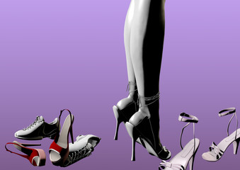 woman standing in high heels between other shoes, trying to decide which to wear, only her legs are visible, 3D illustration, raster illustration