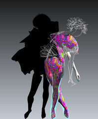 a dancing abstract silhouette of a woman with curly short hair, over a gray background, 3D illustration, raster illustration