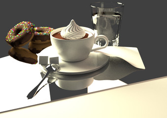a cup of coffee with cream, chocolate donuts, and a glass of water, over a grey background, 3D illustration, raster illustration
