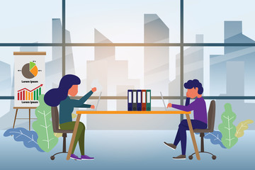 Coworking space with creative people sitting at the table. Business team working together at the desk using laptops and discussion. vector illustration.