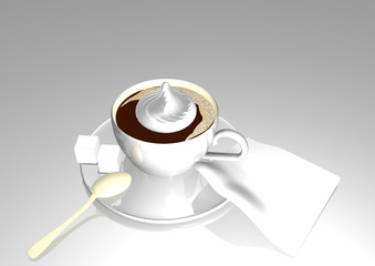 coffee with cream and two sugar blocks, over light grey background, 3D illustration, raster illustration