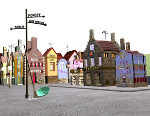 a small historical city, and a sign that shows distances to other places, over a white background, 3D illustration, raster illustration