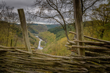 Fototapeta premium Lookout of an old ancient castle window on the Ourthe river valley Ardennes