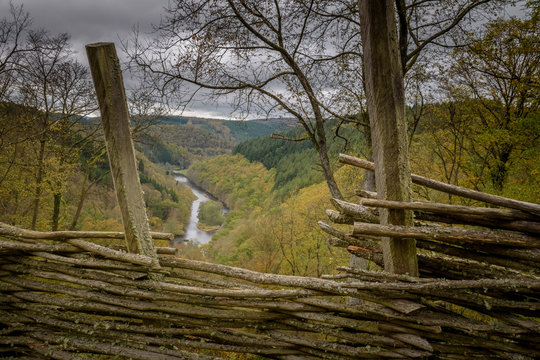 Lookout of an old ancient castle window on the Ourthe river valley Ardennes
