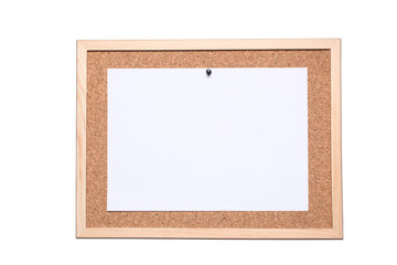 cork board with a white paper sheet fixed by a pin isolated on white background with clipping path included and copy space for your text