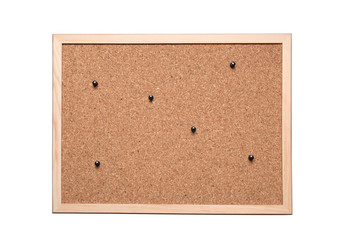 cork board with pins isolated on white background with clipping path included and copy space for your text