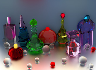 several colorful perfume glass bottles among glass spheres over a gray blue diffuse background, 3D illustration, raster illustration