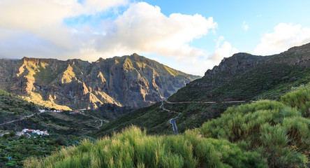 Winding mountain road in Masca valley, one of the most dangerous roads in Tenerife, Spain