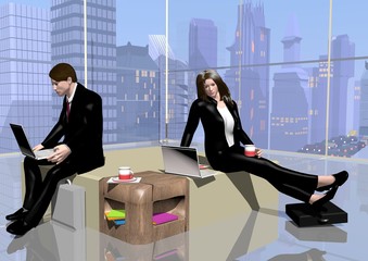 a businessman and a businesswoman sitting in a room with their notebooks, relaxing and working, like in a waiting room, 3D illustration, raster illustration