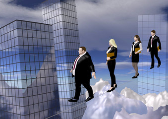 four businessmen and businesswomen walking on a thin rope between skyscrapers, 3D illustration, raster illustration