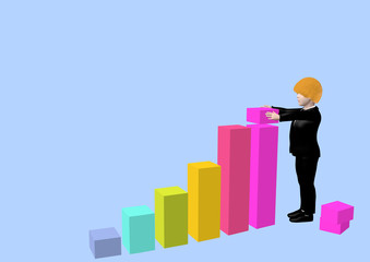 a child in business clothes building a business growth chart with colourful toy blocks, over blue background, 3D illustration, raster illustration