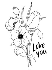 Vector Love you card with greenery and anemone bouquet. Hand painted flowers and berries with eucalyptus leaves and branch isolated on white background for design, print or fabric.