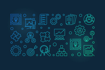 Strategic Management vector colorful horizontal illustration in outline style on dark background