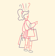 Girl carrying a lot of shopping bags with purchases and doubts. Seasonal sale at store. Thin line flat design, vector illustration.