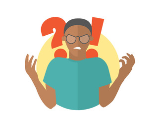 Black angry man in glasses. Guy in rage. Flat design icon.