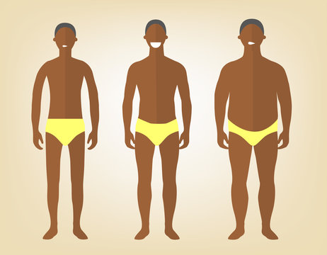 Handsome black man in yellow underwear with excess weight, in normal shape and with underweight. Man in a different forms, set of flat style illustrations. Flat design character.