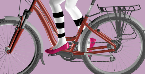 girl riding a red bicycle over purple background, only the legs of the girl are visible, 3D illustration, raster illustration