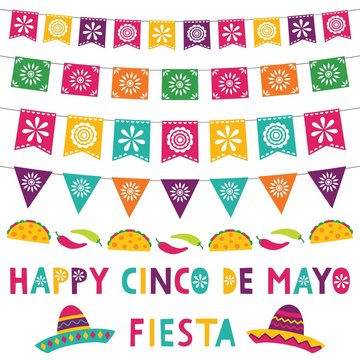Cinco de Mayo card with party banners and sombreros