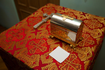 Church accessories with a red cross