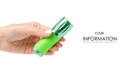 Green flashlight energy in hand pattern on white background isolation