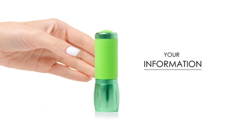 Green flashlight energy in hand pattern on white background isolation