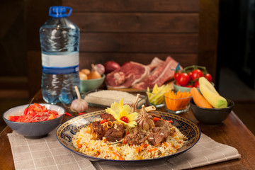 Pilaf. Meat dish of the peoples of Central and Central Asia, rice, meat and onions, suitable for the Nauryz or Navruz holidays, as well as during the Holy month of Ramadan and the holidays of Uraz Ait